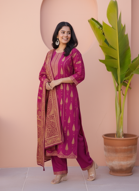 Viscose Placement Print Flared Wine Kurta