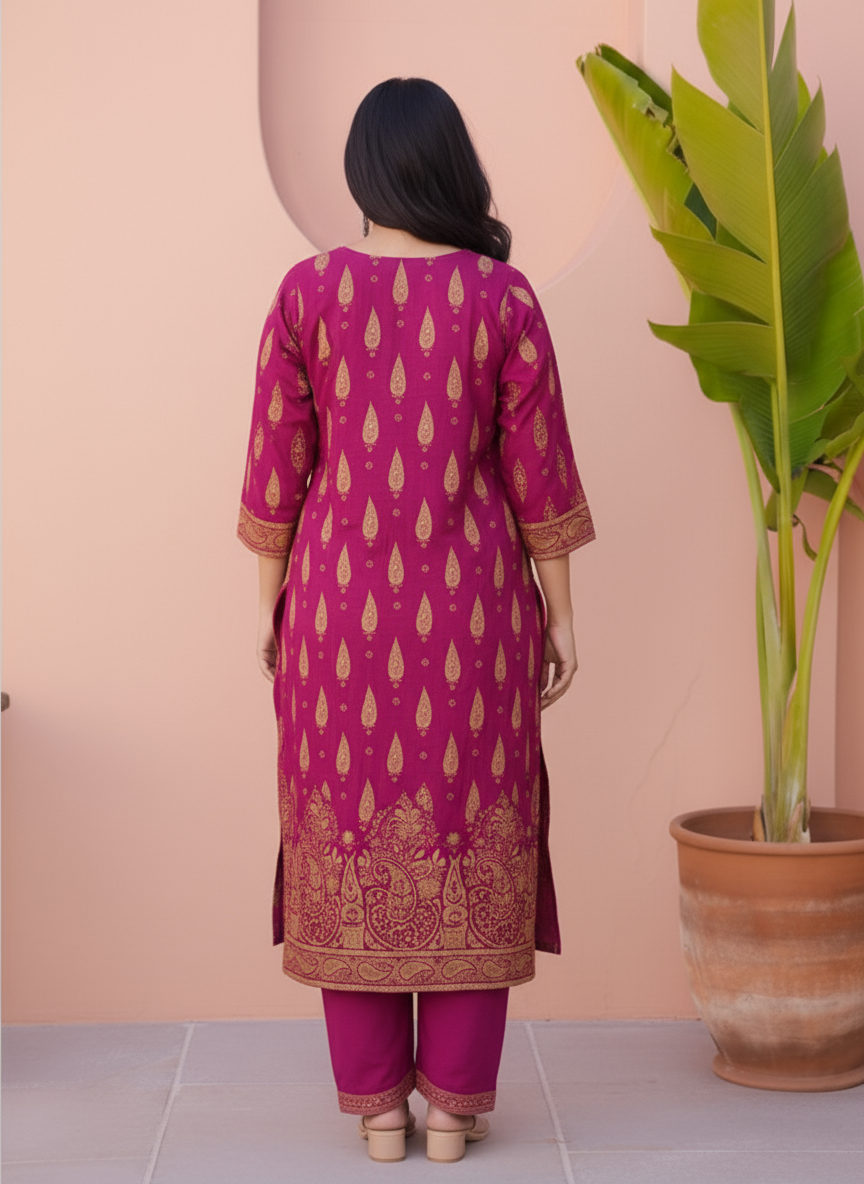 Viscose Placement Print Flared Wine Kurta