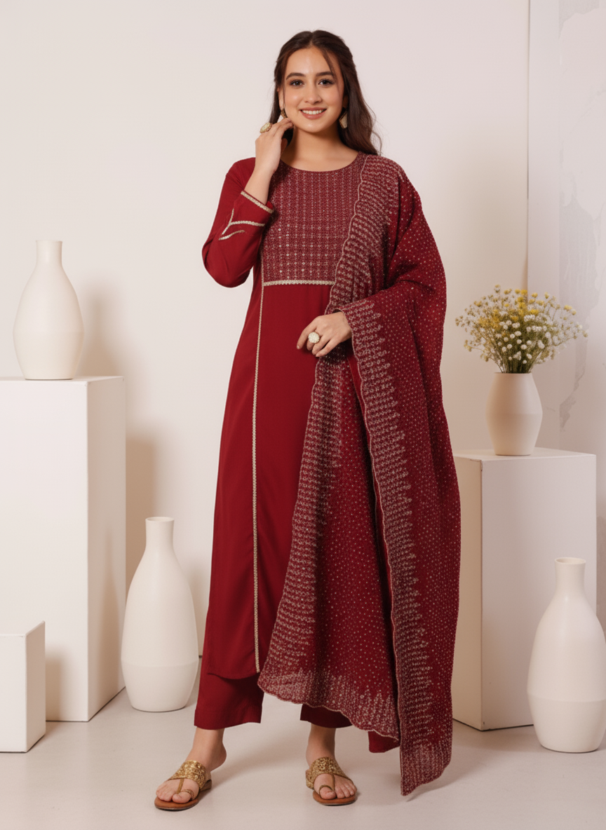 Embroidered Cotton SIlk A-line Kurta
