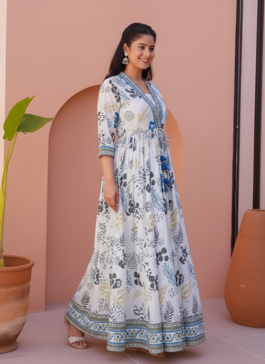 Soft Cotton Foliage Anarkali White Dress