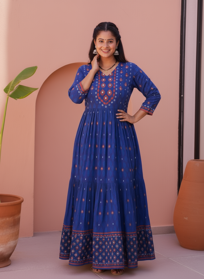 Viscose Placement Print Anarkali Blue Dress