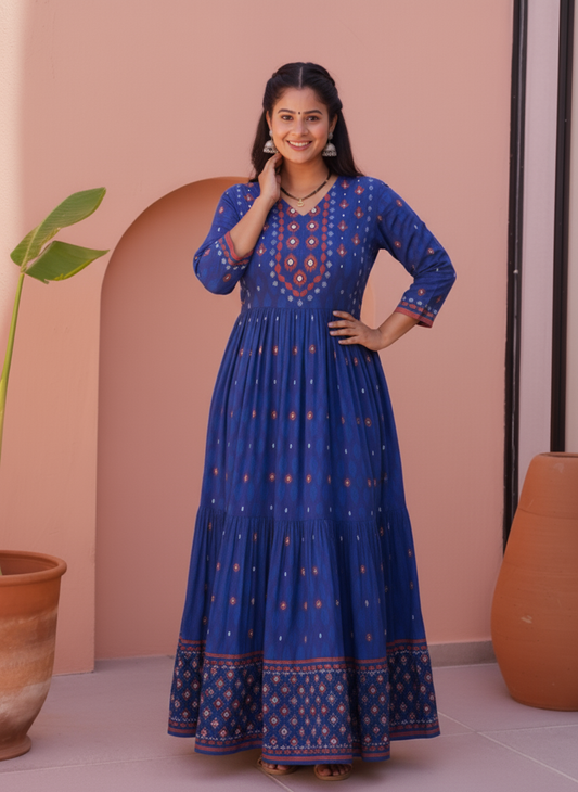 Viscose Placement Print Anarkali Blue Dress