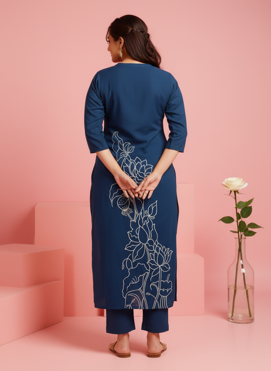 Embroidered Linen Cotton Solid Straight Teal Kurta