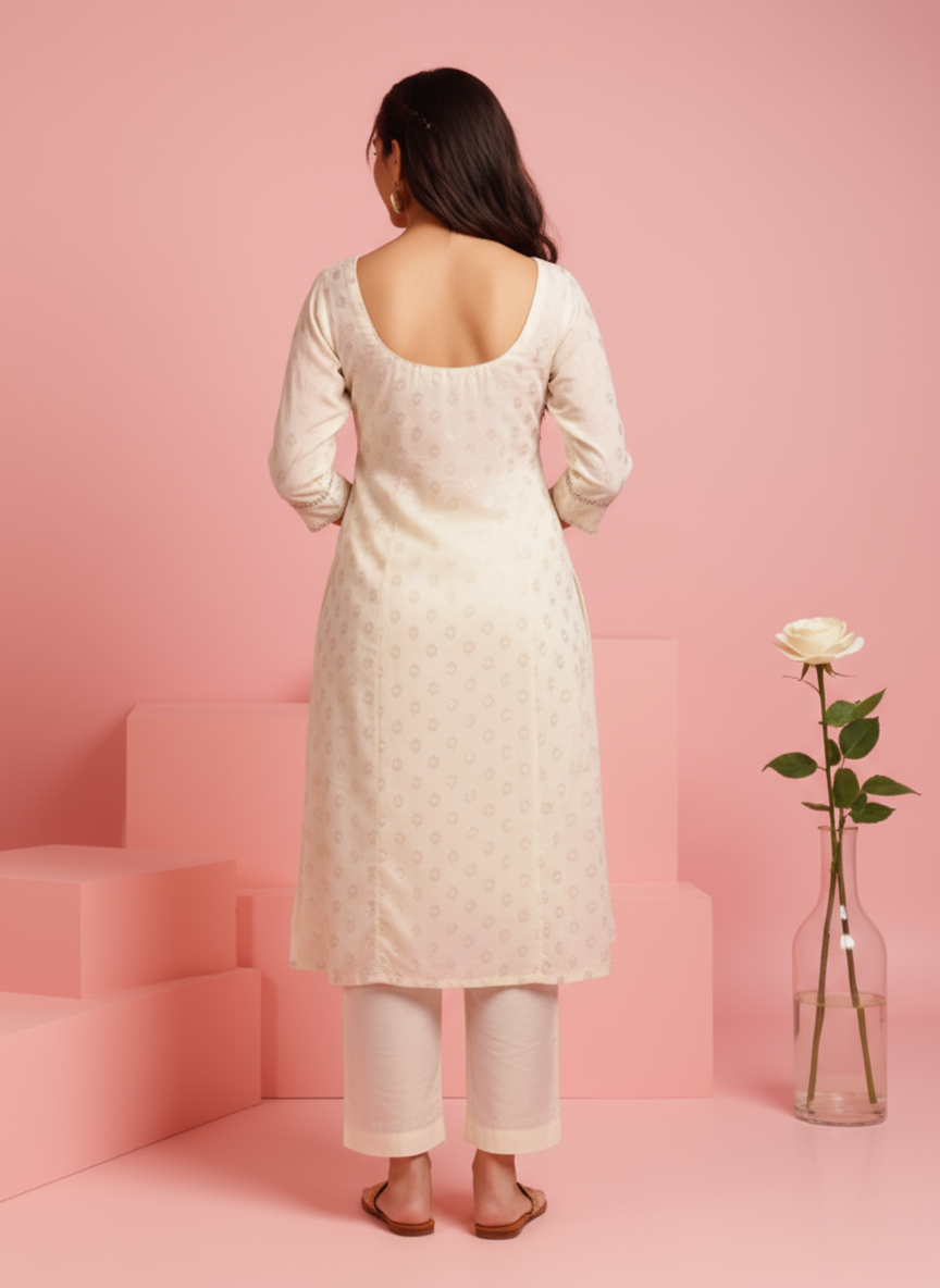 Embroidered Georgette Gold foil Flared Off White Kurta