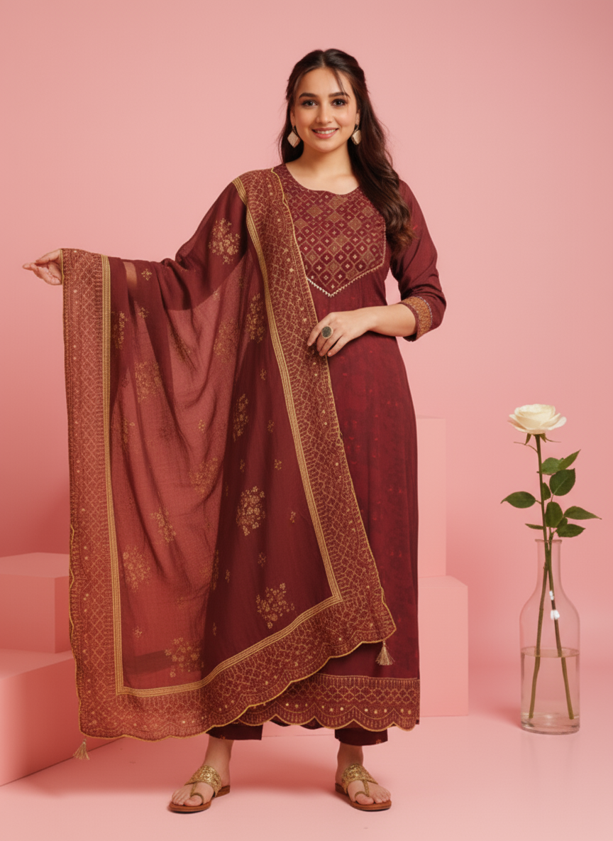 Viscose Floral Anarkali Maroon Kurta