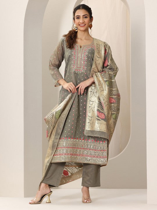 Floral Woven Design Notch Neck Chanderi Silk Straight Kurta