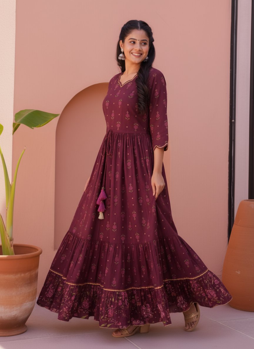 Viscose Butta Anarkali Wine Dress