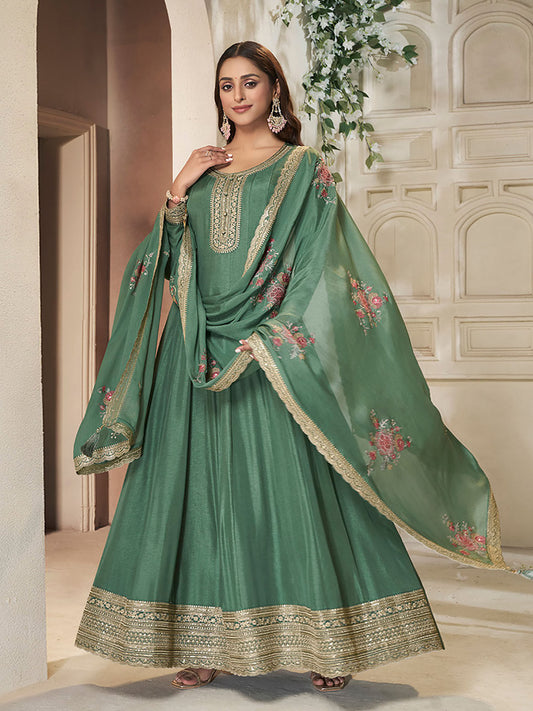 Green Embroidery Silk Anarkali Kurta with Dupatta (Set of 2)