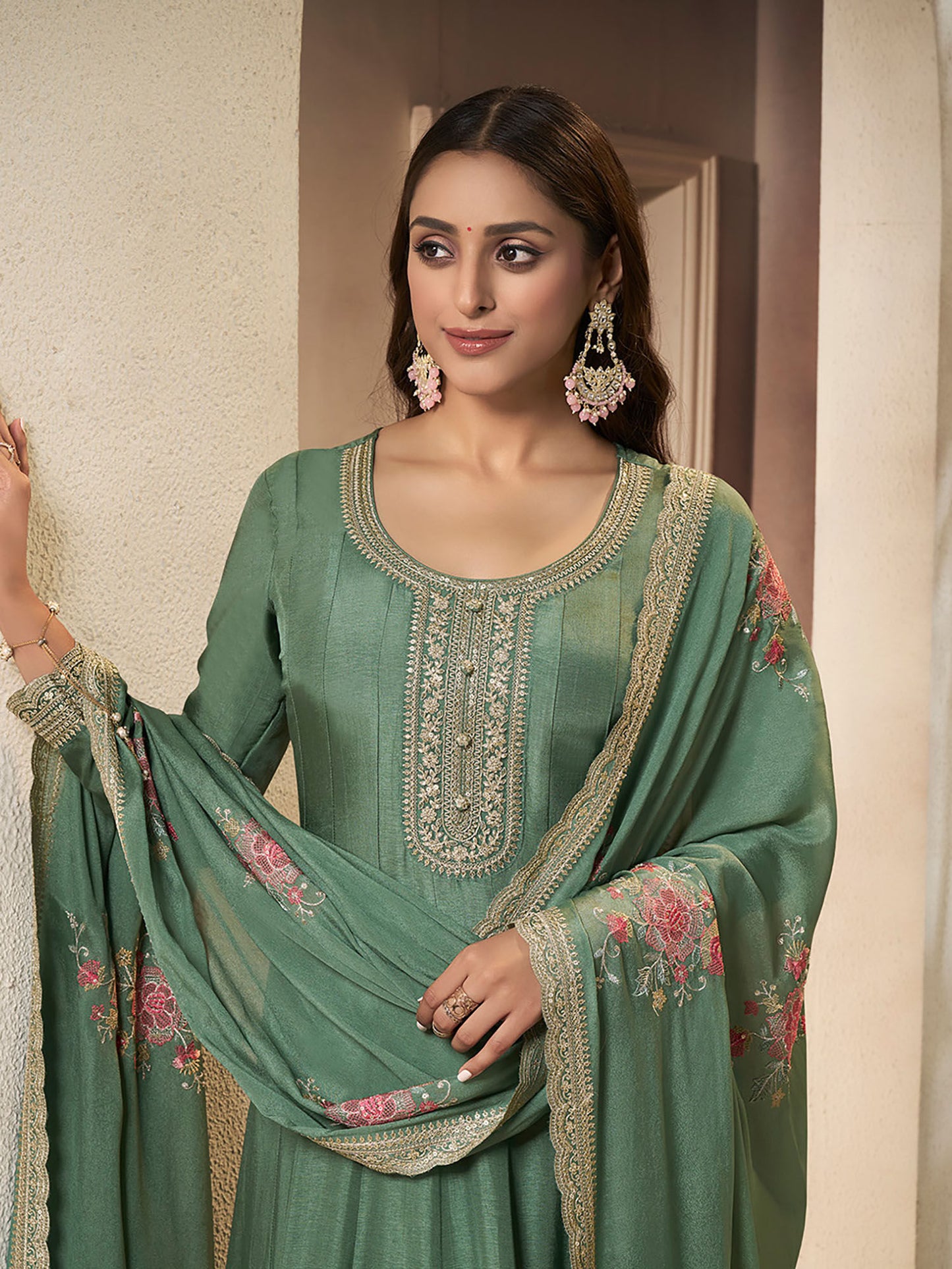 Green Embroidery Silk Anarkali Kurta with Dupatta (Set of 2)