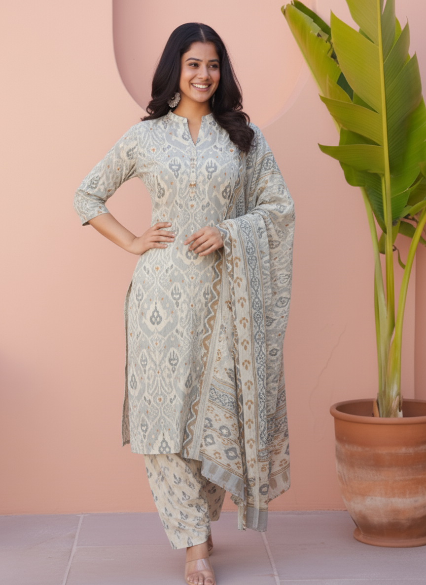 Soft Cotton Ikat Straight Blue Kurta