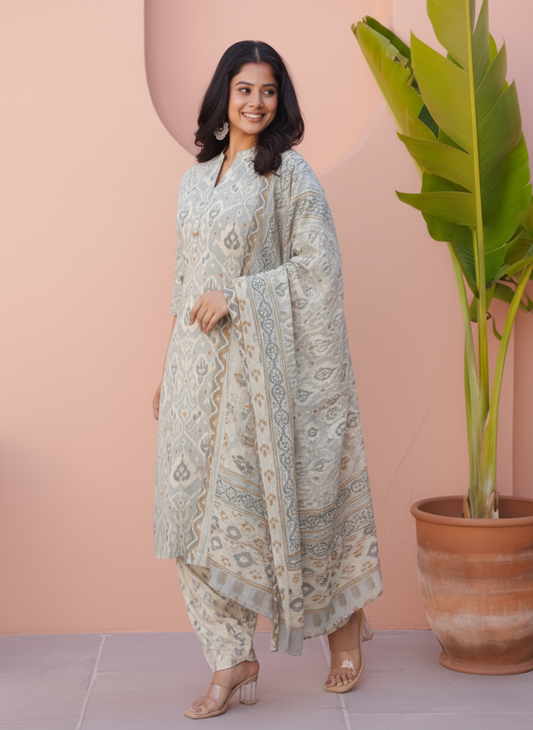 Soft Cotton Ikat Straight Blue Kurta