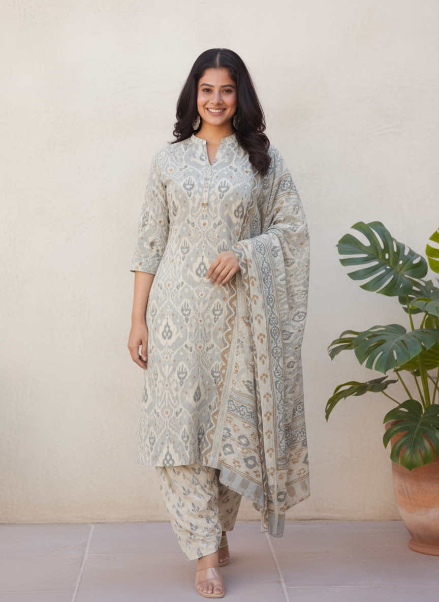 Soft Cotton Ikat Straight Blue Kurta