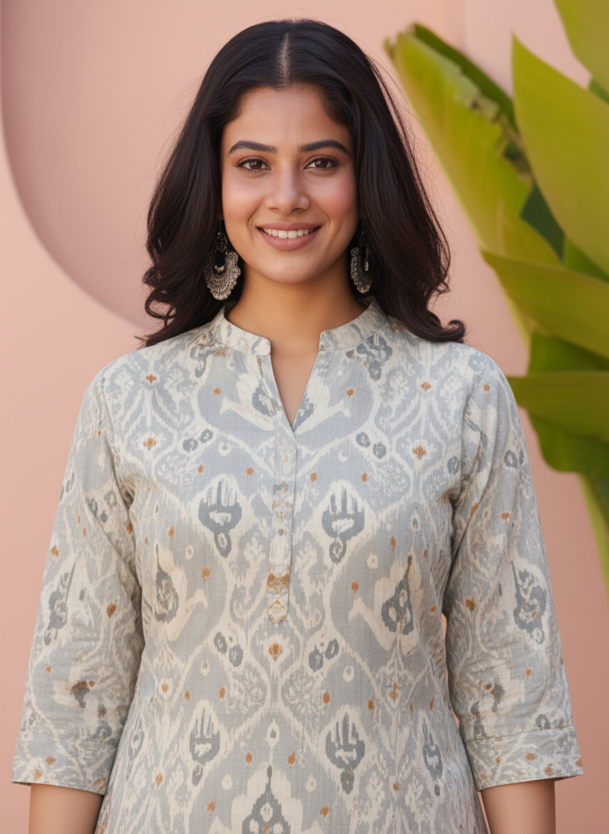 Soft Cotton Ikat Straight Blue Kurta