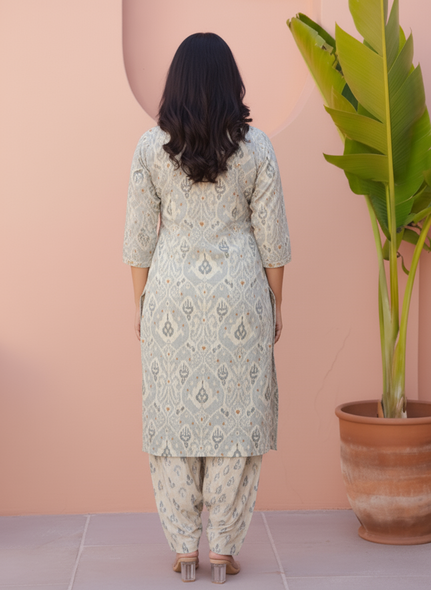 Soft Cotton Ikat Straight Blue Kurta