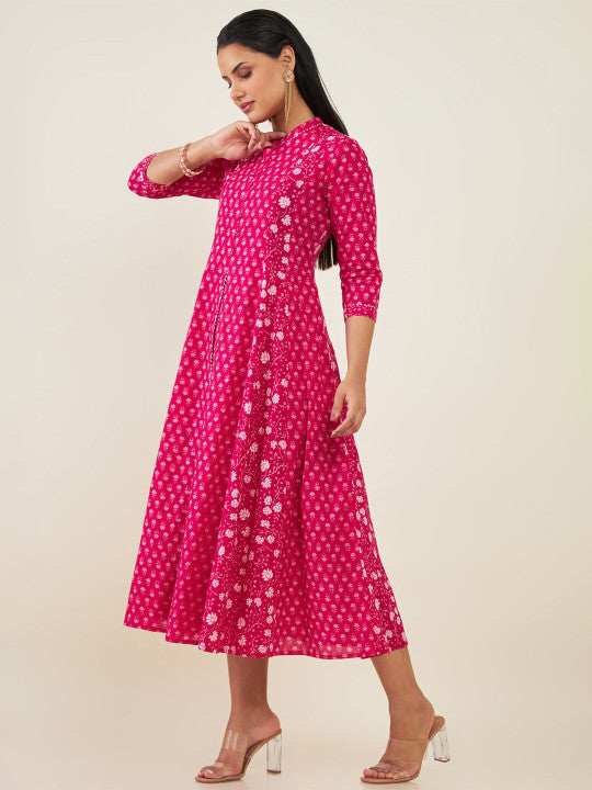 Mandarin Collar Floral Printed Cotton Fit & Flare Midi Ethnic Dress
