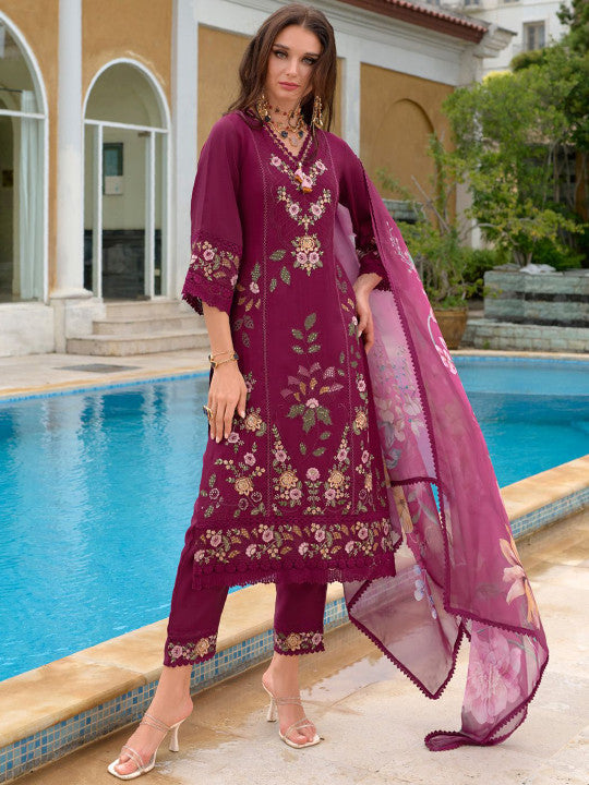 Indo Era Women Floral Embroidered Regular Thread Work Pure Silk Kurta with Trousers & With Dupatta