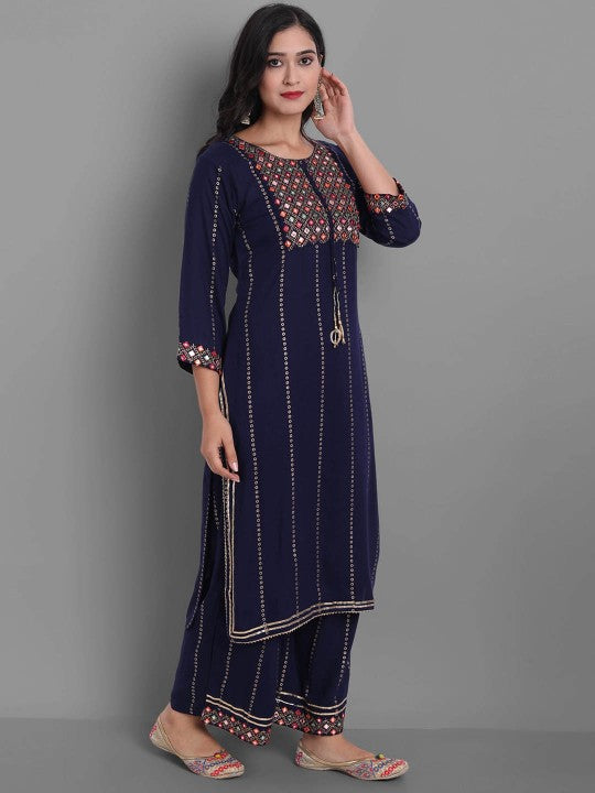 Mirror Work Embellished Kurta with Palazzos & With Dupatta
