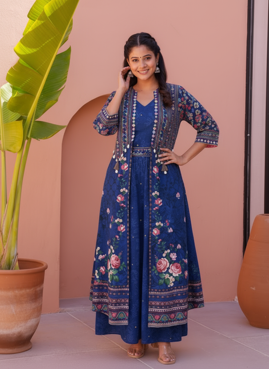 Embroidered Roman silk Flared Kurta