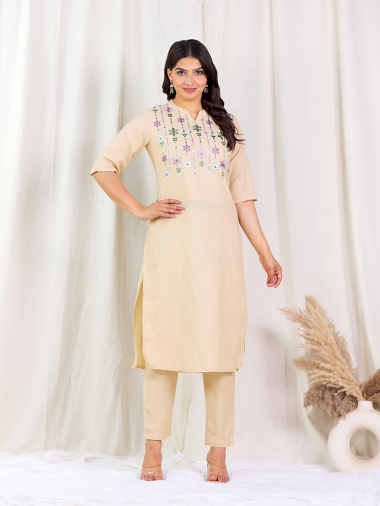 Embroidered Linen Cotton Solid Straight Beige Kurta