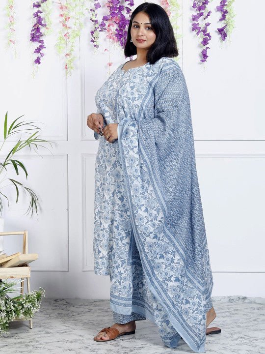 Swasti Women Floral Printed Regular Sequinned Pure Cotton Kurta with Trousers & With Dupatta