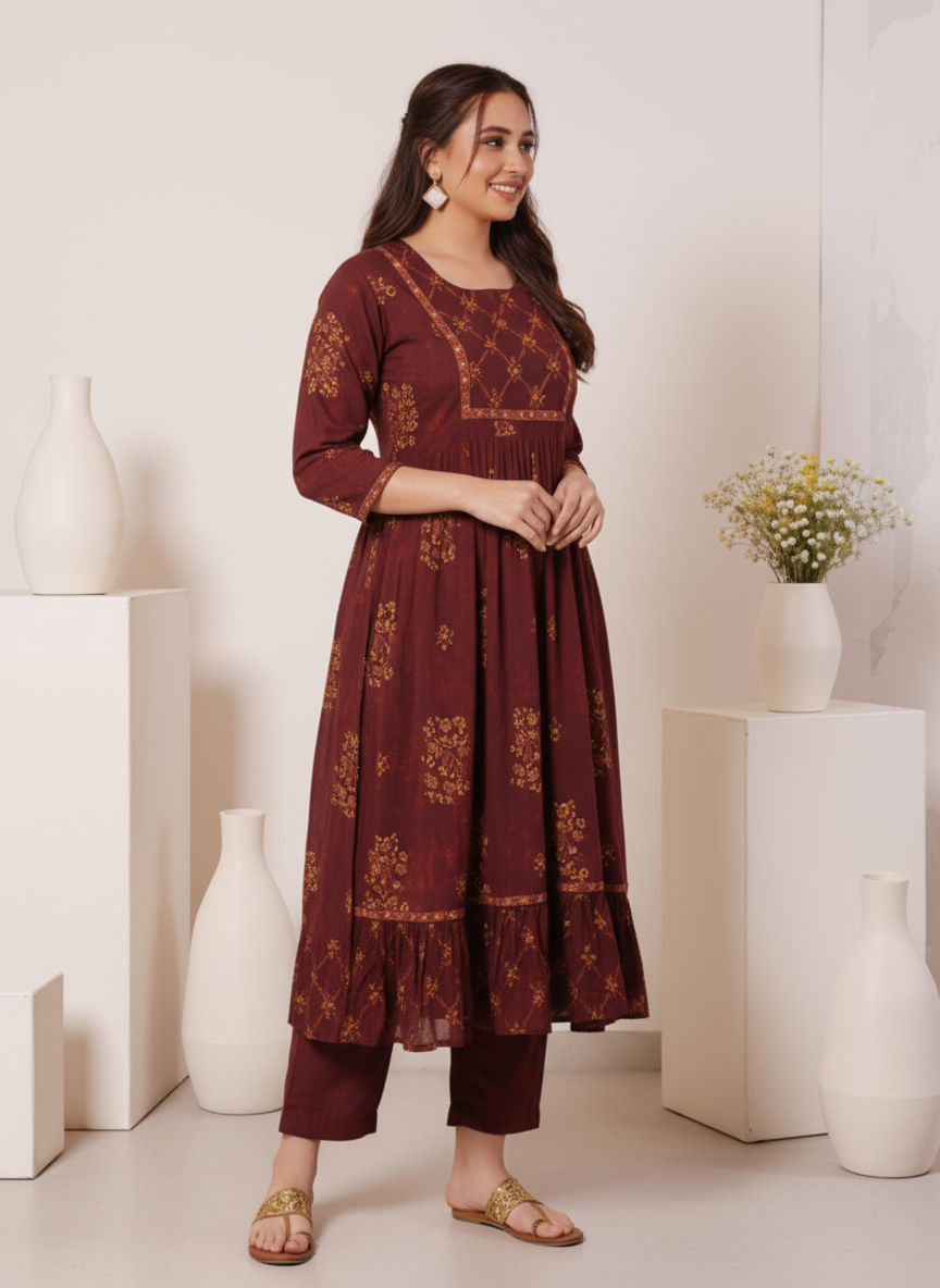 Viscose Floral Anarkali Maroon Kurta