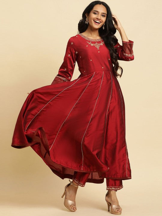 W Floral Embroidered Anarkali Kurta with Trousers & With Dupatta