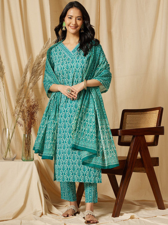 Ginni Arora Label V Neck Floral Printed Cotton Straight Kurta with Palazzo &  Dupatta