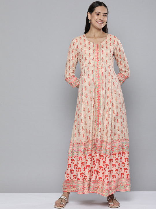 HERE&NOW Beige Ethnic Motifs Printed Maxi Empire Ethnic Dress
