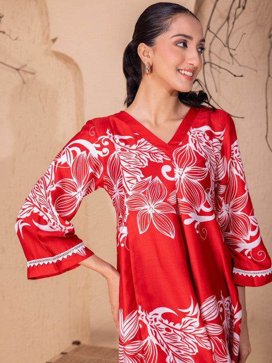 Floral Printed V-Neck Flared Sleeves Tunic With Trouser