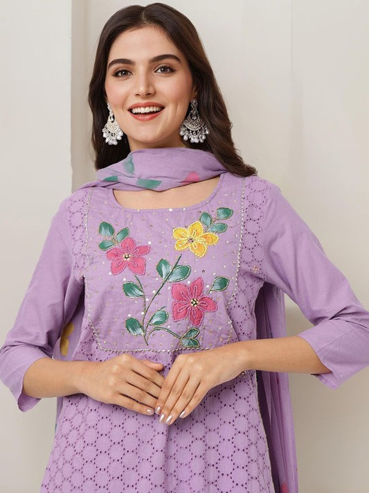 Ishin Floral Embroidered Regular Thread Work Pure Cotton Kurta With Trousers & Dupatta