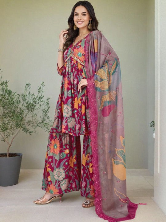 SZN Floral Printed V-Neck Empire Anarkali Kurta With Sharara & Dupatta