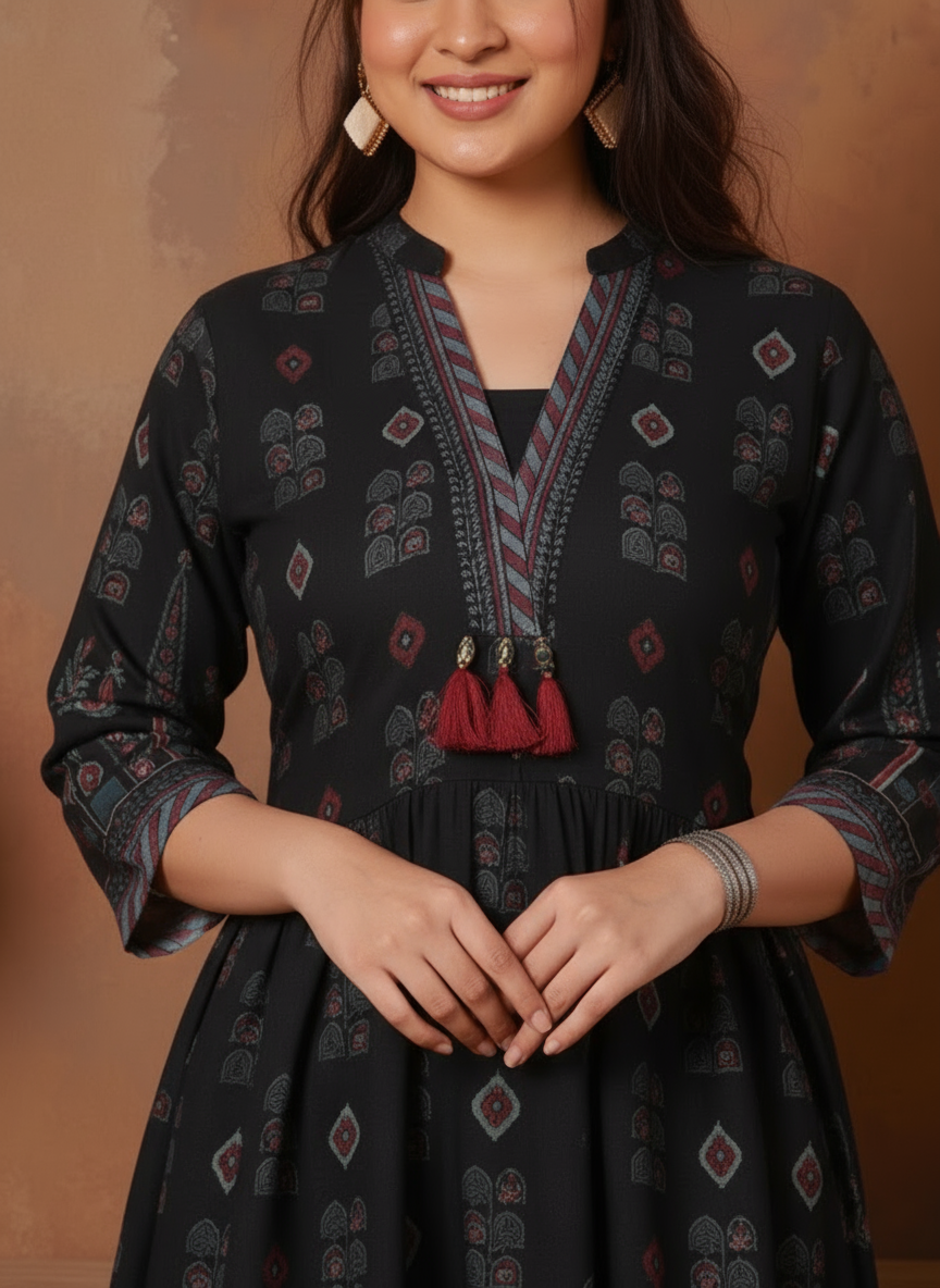 Viscose Mughal Print Flared Black Kurta