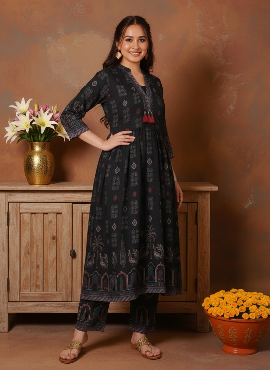 Viscose Mughal Print Flared Black Kurta