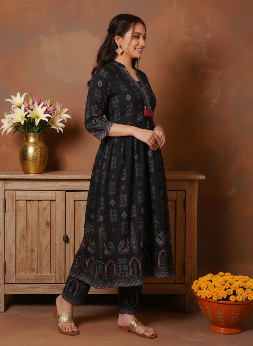Viscose Mughal Print Flared Black Kurta