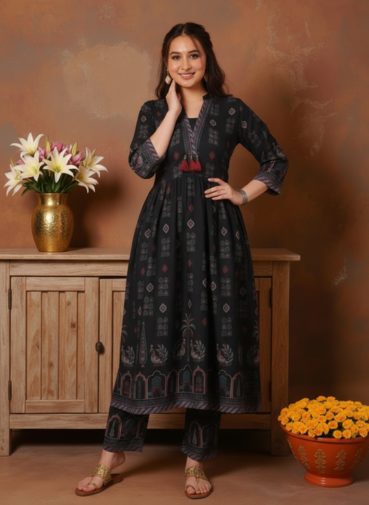 Viscose Mughal Print Flared Black Kurta