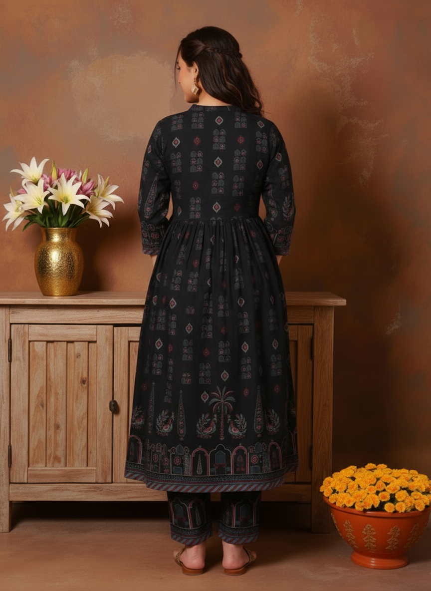 Viscose Mughal Print Flared Black Kurta