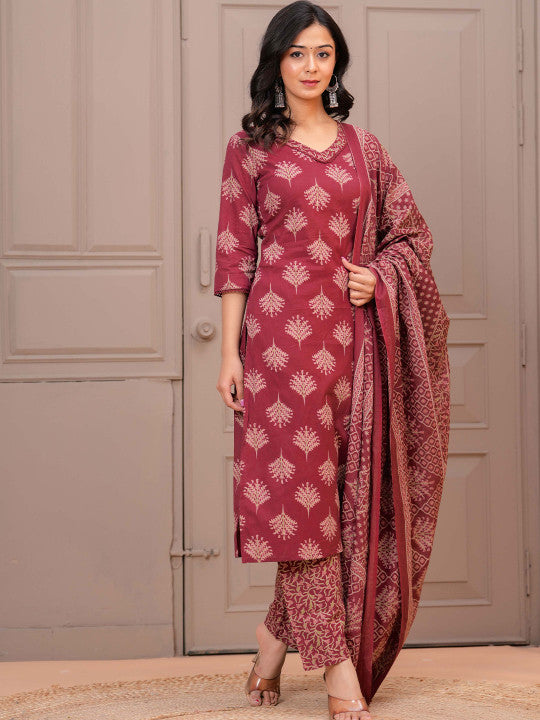 Floral Printed V-Neck Pure Cotton Straight Kurta With Trousers & Dupatta