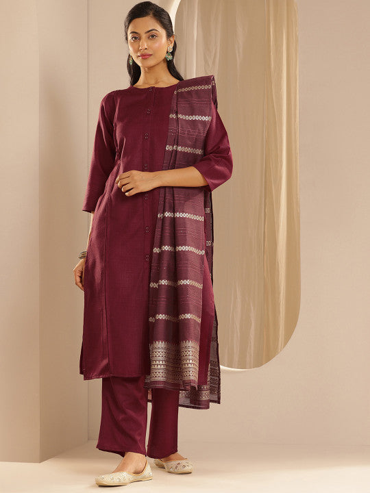 Neck Pleated Straight Kurta with Trousers & Dupatta