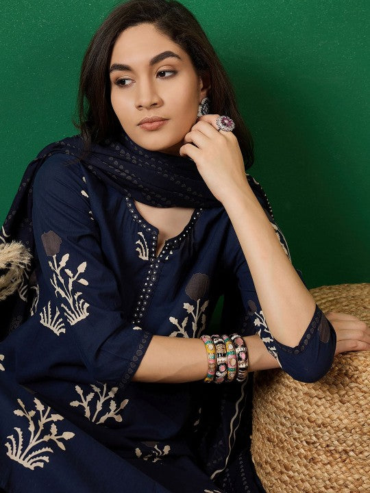 Neck Printed Pure Cotton Kurta With Trousers & Dupatta