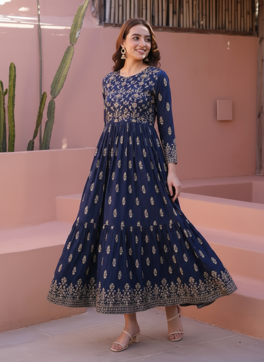 Viscose Floral Anarkali Maroon Dress