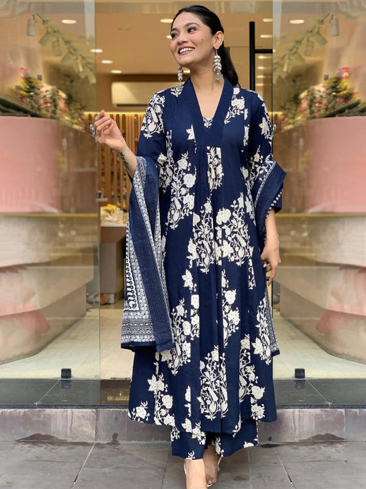 GoSriKi Floral Printed V-Neck A-Line Kurta With Palazzos And Dupatta