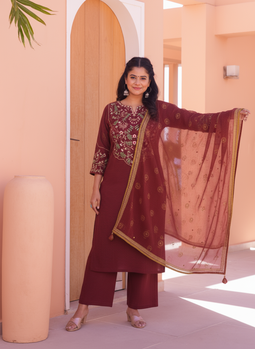 Embroidered Viscose Solid Straight Maroon Kurta