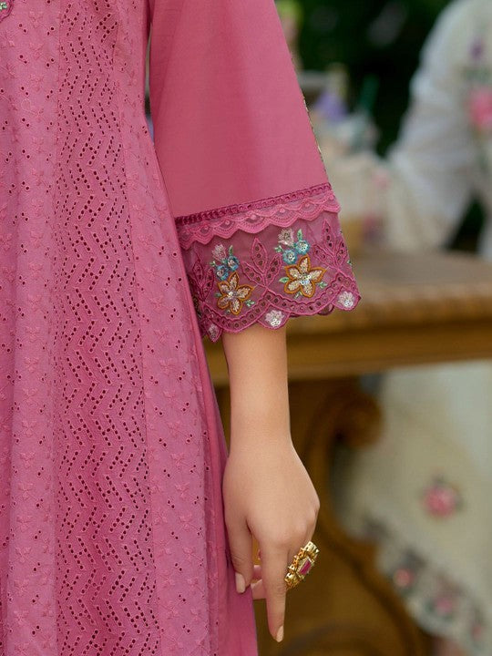 Indo Era Floral Embroidered Pure Cotton Anarkali Kurta With Trousers And Dupatta