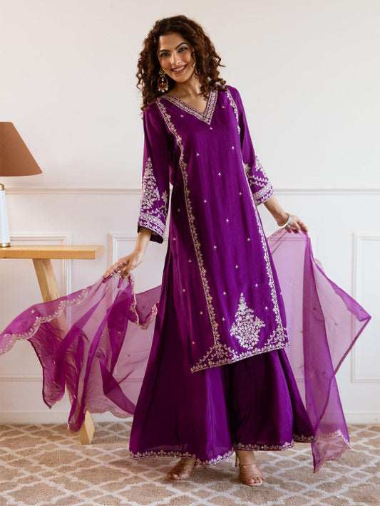 Ishin Women Embroidered V-Neck Kurta with Palazzos & Dupatta