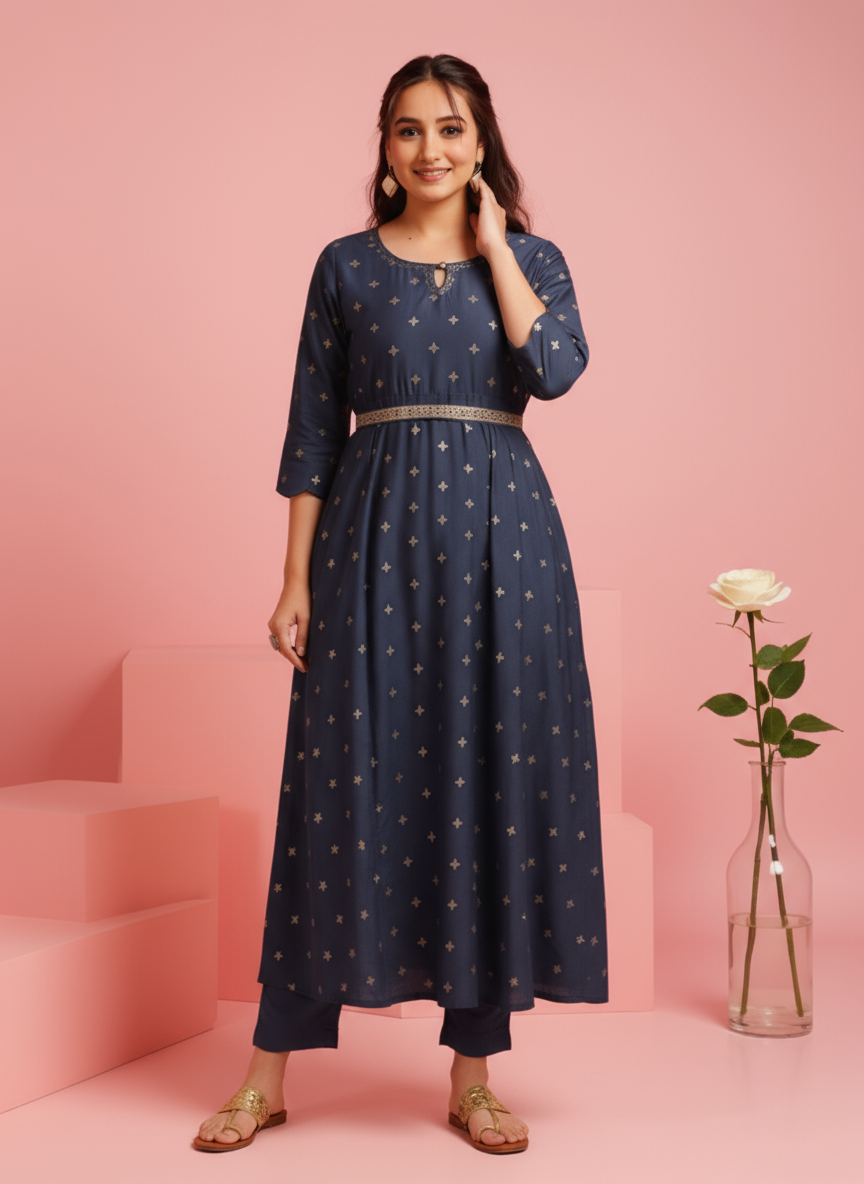 Embroidered Muslin Gold foil Anarkali Blue Dress