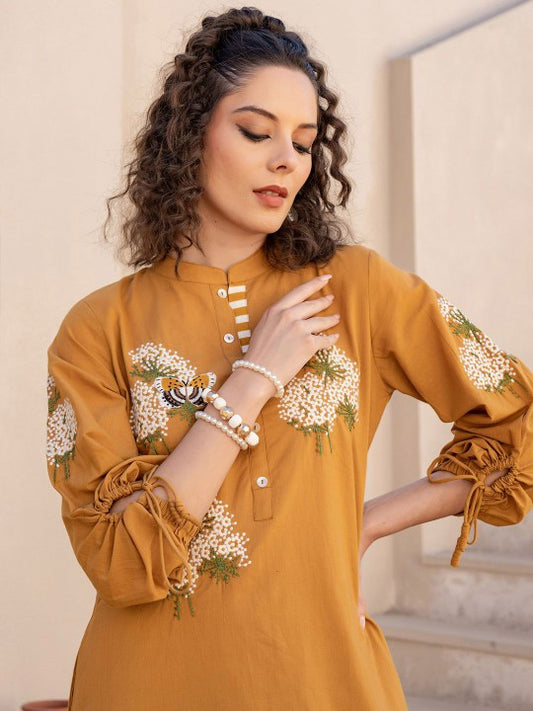 Indo Era Floral Embroidered Pure Cotton Tunic With Trousers Co-Ords