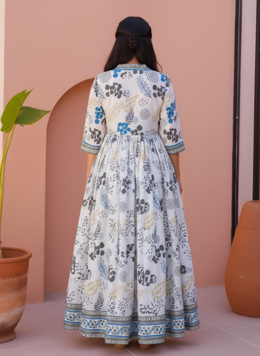 Soft Cotton Foliage Anarkali White Dress