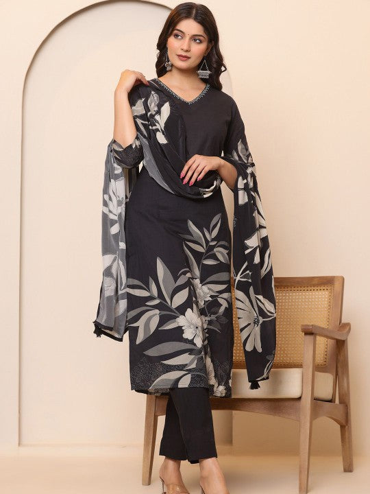 Varanga Women Floral Printed Regular Thread Work Pure Cotton Kurta with Trousers & With Dupatta