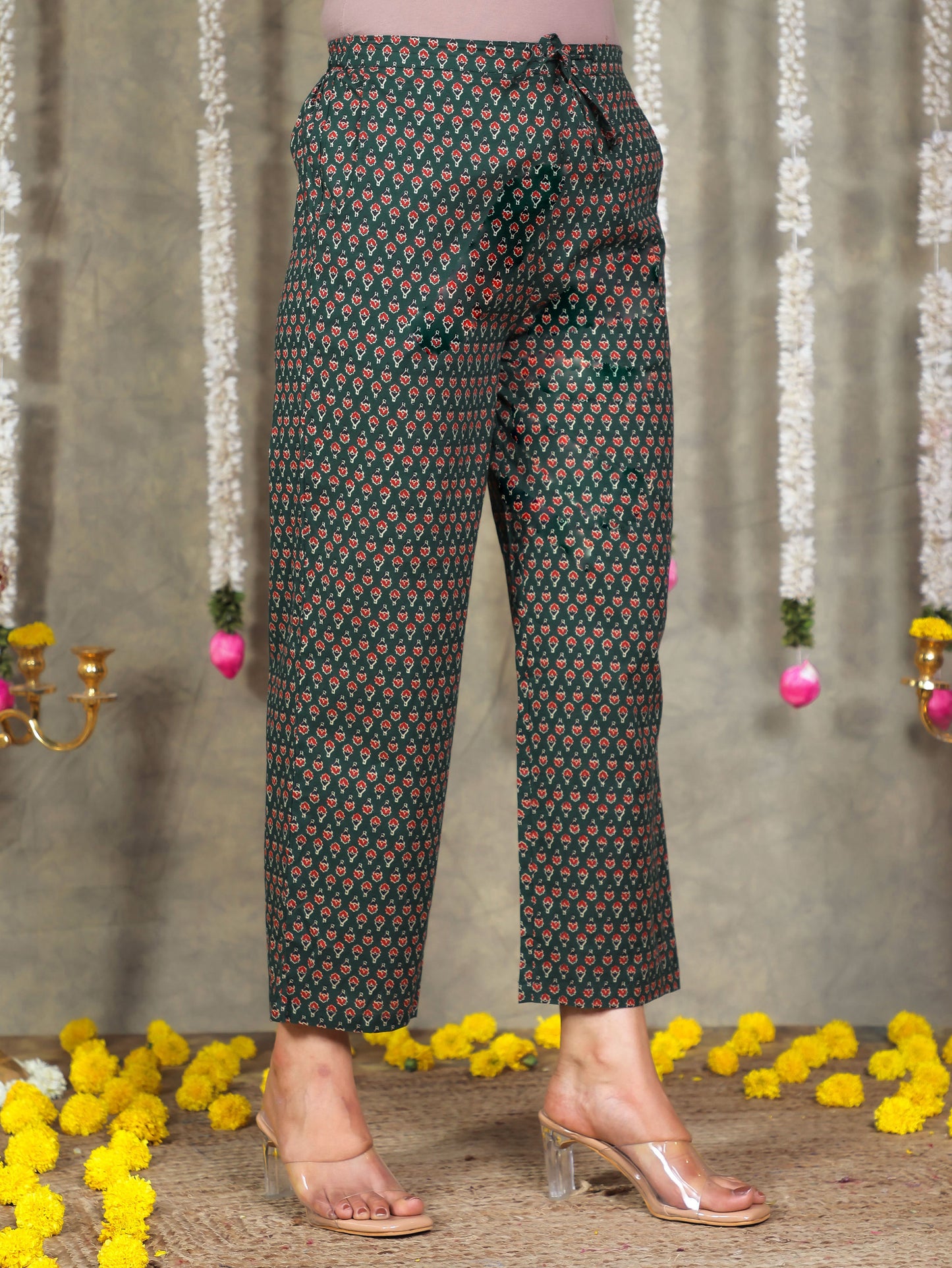 Embroidered Soft Cotton Block Print A-line Green Kurta