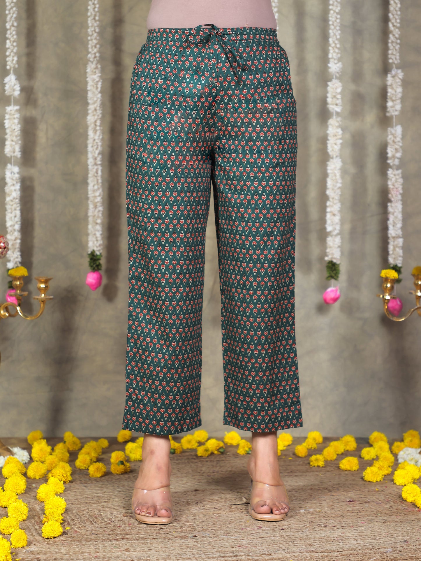 Embroidered Soft Cotton Block Print A-line Green Kurta